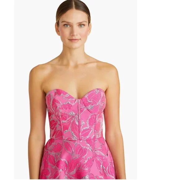 Like NEW ML Monique Lhuillier Amelia Strapless Floral Jacquard Gown Sz 12 - Picture 3 of 9